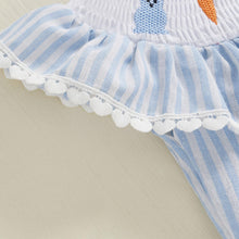 Load image into Gallery viewer, Newborn Baby Girl Easter Outfit Bunny Bubble Romper Embroidery Cute Smocked Baby Girl Clothes (Bunny Carrot Striped Blue, 6-12 Months)
