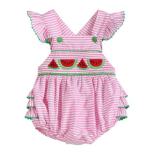 Load image into Gallery viewer, Lil cactus Pink Striped Watermelon Smocked Bubble Romper
