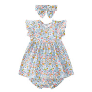 pureborn Baby Girls Ruffled Sleeve Dress Cotton Swing Dress Casual with Headband Bloomer Floral Blue