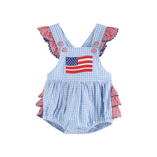 Load image into Gallery viewer, Lil cactus Light Blue and Red Gingham USA Flag Ruffle Romper
