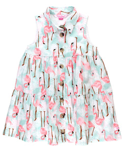 RuffleButts - Vibrant Flamingo Tiered Shirt Dress - 2T Pink/White