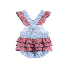 Load image into Gallery viewer, Lil cactus Light Blue and Red Gingham USA Flag Ruffle Romper
