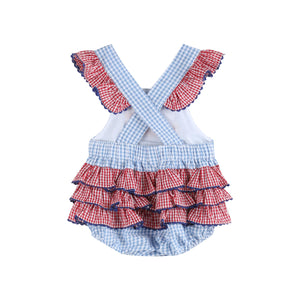 Lil cactus Light Blue and Red Gingham USA Flag Ruffle Romper