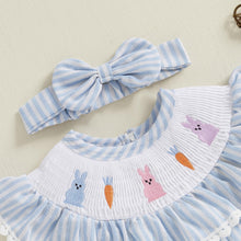 Load image into Gallery viewer, Newborn Baby Girl Easter Outfit Bunny Bubble Romper Embroidery Cute Smocked Baby Girl Clothes (Bunny Carrot Striped Blue, 6-12 Months)
