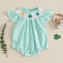 Load image into Gallery viewer, FIOMVA St Patricks Day Baby Girl Outfit Infant Smocked Bubble Romper Newborn Plaid Bodysuit Cute Toddler Summer Clothes (E Smocked Romper Plaid Green, 0-3 Months)
