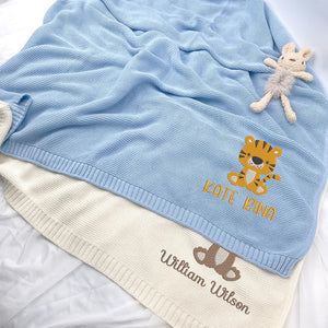 Chikky EMBROIDERED Baby Blanket Personalized Blanket for Baby Boy Girl Custom Embroidered Blanket with Baby Name Car Seats Baby Blanket Baby Photography Props Knit Strollers Blanket (07 - Animal)