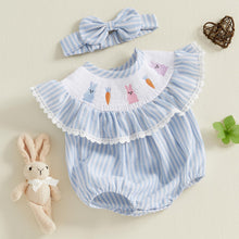 Load image into Gallery viewer, Newborn Baby Girl Easter Outfit Bunny Bubble Romper Embroidery Cute Smocked Baby Girl Clothes (Bunny Carrot Striped Blue, 6-12 Months)
