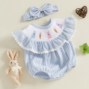 Newborn Baby Girl Easter Outfit Bunny Bubble Romper Embroidery Cute Smocked Baby Girl Clothes (Bunny Carrot Striped Blue, 6-12 Months)