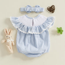 Load image into Gallery viewer, Newborn Baby Girl Easter Outfit Bunny Bubble Romper Embroidery Cute Smocked Baby Girl Clothes (Bunny Carrot Striped Blue, 6-12 Months)
