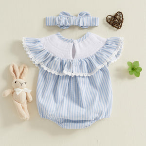 Newborn Baby Girl Easter Outfit Bunny Bubble Romper Embroidery Cute Smocked Baby Girl Clothes (Bunny Carrot Striped Blue, 6-12 Months)