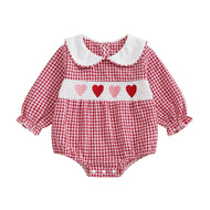 SAYOO Baby Girl Smocked Romper Heart I Love Mom Letter Embroidery Doll Collar Plaid Bubble Bodysuit Romper One Piece Outfit (A Red, 6-12 Months)