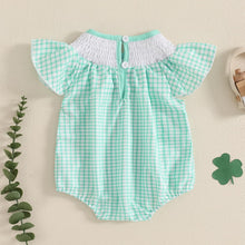 Load image into Gallery viewer, FIOMVA St Patricks Day Baby Girl Outfit Infant Smocked Bubble Romper Newborn Plaid Bodysuit Cute Toddler Summer Clothes (E Smocked Romper Plaid Green, 0-3 Months)
