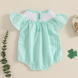 FIOMVA St Patricks Day Baby Girl Outfit Infant Smocked Bubble Romper Newborn Plaid Bodysuit Cute Toddler Summer Clothes (E Smocked Romper Plaid Green, 0-3 Months)