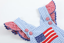 Load image into Gallery viewer, Lil cactus Light Blue and Red Gingham USA Flag Ruffle Romper
