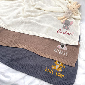 Chikky EMBROIDERED Baby Blanket Personalized Blanket for Baby Boy Girl Custom Embroidered Blanket with Baby Name Car Seats Baby Blanket Baby Photography Props Knit Strollers Blanket (07 - Animal)