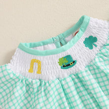 Load image into Gallery viewer, FIOMVA St Patricks Day Baby Girl Outfit Infant Smocked Bubble Romper Newborn Plaid Bodysuit Cute Toddler Summer Clothes (E Smocked Romper Plaid Green, 0-3 Months)
