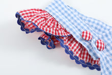 Load image into Gallery viewer, Lil cactus Light Blue and Red Gingham USA Flag Ruffle Romper
