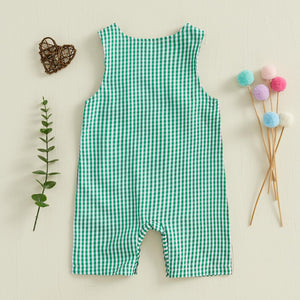 Lamuusaa Newborn Baby Girl Boy Mardi Gras Outfit Sleeveless Plaid Mardi Gras Dog Romper One Piece Bodysuit Jumpsuit (Green, 3-6 Months)