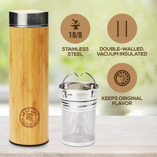 Load image into Gallery viewer, LeafLife Premium Bamboo Tea Bottle for Loose Tea - Tea Infuser Bottle - Tea Gifts - Insulated Water Bottle/Coffee Tumbler/Tea Thermos - Tea Gift Set, Tea Accessories - Tea Tumbler 17oz
