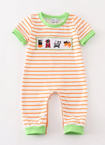 Green halloween cat embroidery boy romper - Image #1