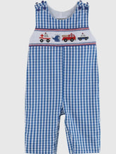 Load image into Gallery viewer, Preorder ETA 7/15-8/15-Dark Blue Gingham Emergency Vehicle Smocked Overalls - Image #1
