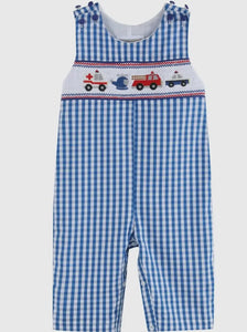 Preorder ETA 7/15-8/15-Dark Blue Gingham Emergency Vehicle Smocked Overalls - Image #1