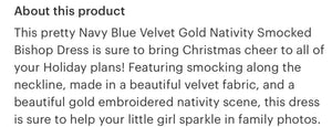 Preorder ETA 8/15-9/15-Navy Blue Velvet Gold Nativity Smocked Bishop Dress - Image #2