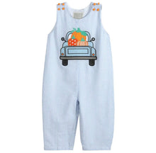 Load image into Gallery viewer, Blue Seersucker Pumpkin Truck Overalls - Image #1
