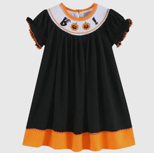 Load image into Gallery viewer, Preorder ETA 7/15-8/15-Black and Orange Boo Halloween Smocked Bishop Dress - Image #1
