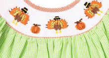 Load image into Gallery viewer, Smocked Turkeys Thanksgiving Lime
Gingham Girl Long Bubble - Image #2
