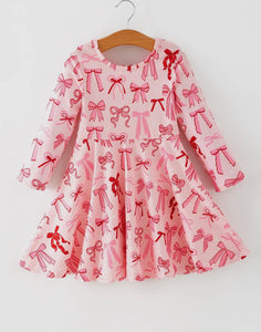Toddler Girls Valentine Bow Print Long Sleeves Dress-Ships 11/20