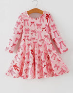 Toddler Girls Valentine Bow Print Long Sleeves Dress-Ships 11/20