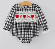 Black and White Plaid Smocking
Embroidery Long Sleeve Girls Romper - Image #1