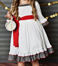 Load image into Gallery viewer, White Gray and Red Sash Vintage Ruffle Dress-4T
