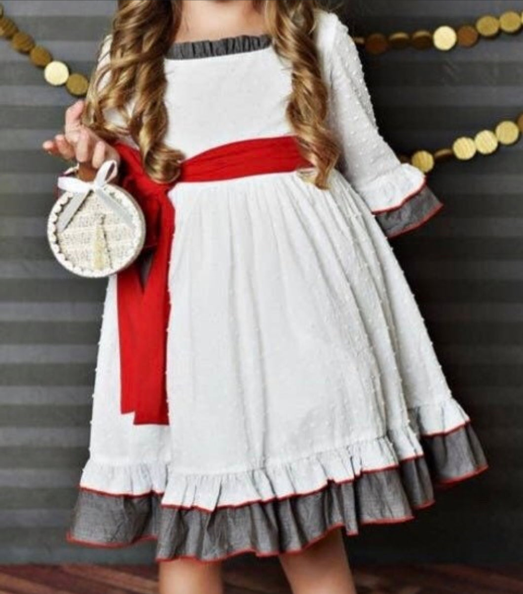 White Gray and Red Sash Vintage Ruffle Dress-4T