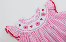 Load image into Gallery viewer, Preorder by 9/30-Pink Gingham Daisy and Hearts Smocked Romper-Ships 12/28
