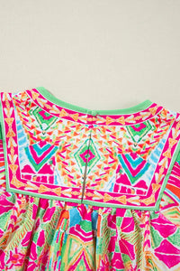 Orange Geometric Print Long Sleeve Keyhole Back Blouse - Image #5