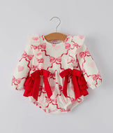 Girls Valentine Romper with Heart Print and Bowknot Design-Ships 11/20