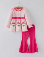 Christmas Santa Applique Striped Girls Set with Red Ruffle Trim