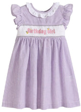 Load image into Gallery viewer, Purple Seersucker Birthday Girl Smocked Dress - Image #1
