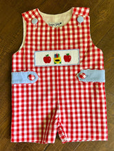 Load image into Gallery viewer, Ready to ship-Back To School Crayons And Apples Hand Smocked Gingham Baby Boys Shortalls - Image #1
