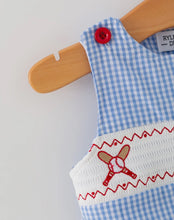 Load image into Gallery viewer, Baby Boy Baseball Smocked Romper - Blue Plaid Summer Outfit-Ships 12/15

