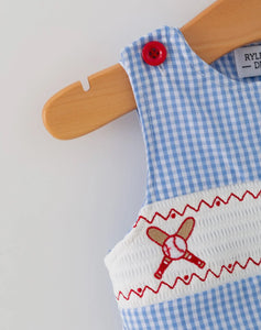 Baby Boy Baseball Smocked Romper - Blue Plaid Summer Outfit-Ships 12/15