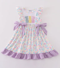 Load image into Gallery viewer, Purple easter bunny french knot girl dress
