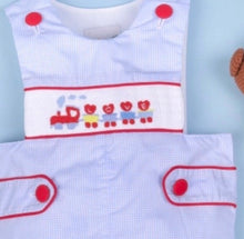 Load image into Gallery viewer, Train Valentines Hand Smocked Bubble
Shortalls
