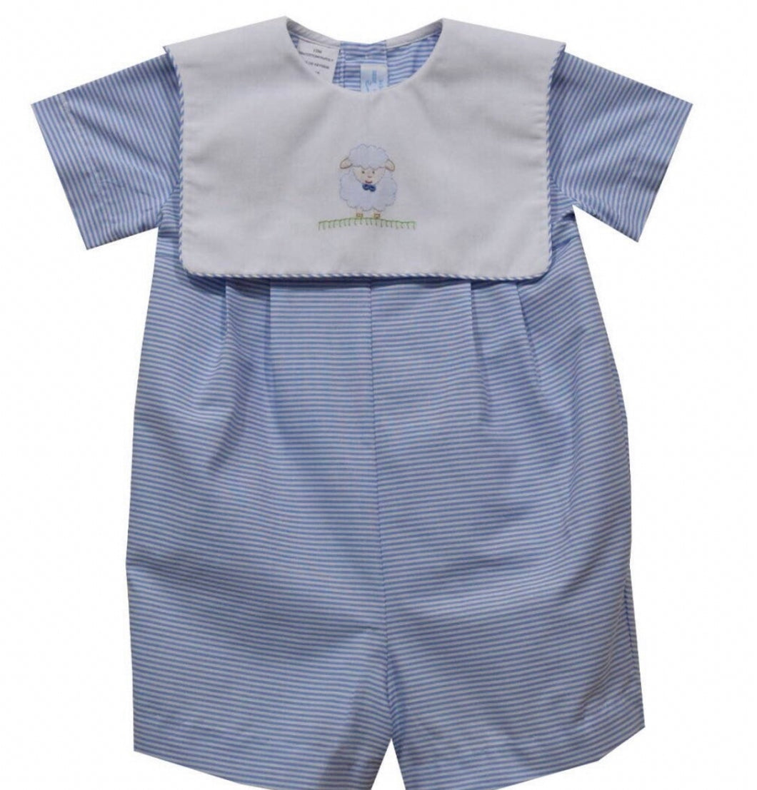 Lamb Shadow Smocked Light Blue Stripe Seersucker Boys Romper