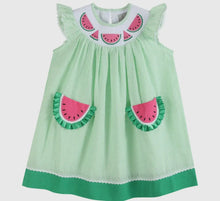 Load image into Gallery viewer, Green Seersucker Watermelon Smocked Bishop Dress - Image #1
