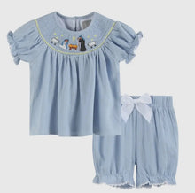 Load image into Gallery viewer, Preorder ETA 8/15-9/15-Light Blue Nativity Smocked Dress and Bloomers Set - Image #1
