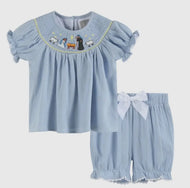 Preorder ETA 8/15-9/15-Light Blue Nativity Smocked Dress and Bloomers Set - Image #1