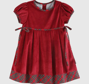 Preorder ETA 8/15-9/15-Red Velour and Christmas Plaid Bow Dress - Image #1